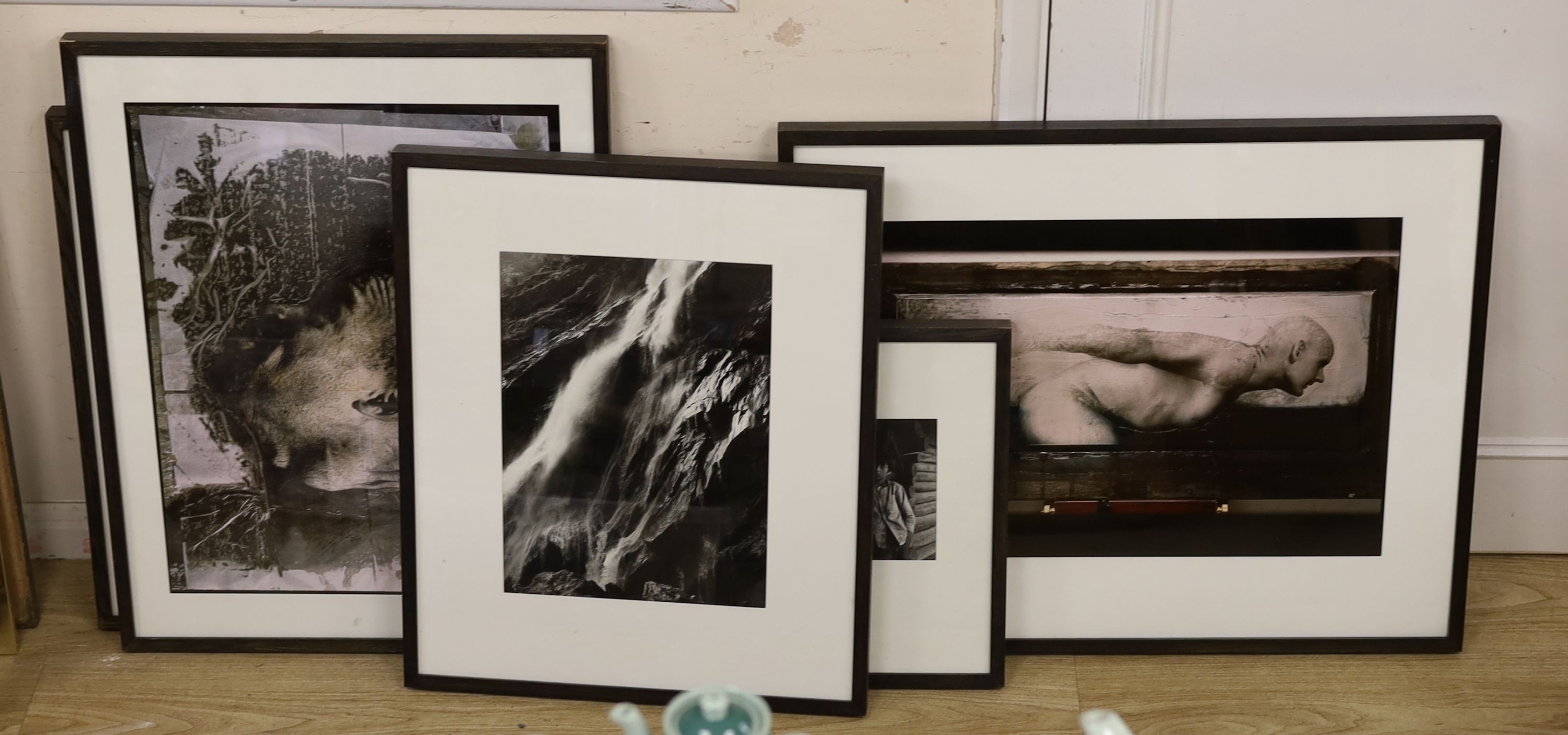 Five assorted contemporary photographs, including Edwin Smith, 'Waterfall', 40 x 30cm; David Hiscock, 'Duncan Goodhew', 41 x 59cm; David Hiscock, 'Kris Akabusi', 47 x 59cm; Edwin Smith, 'Villa Farden', 30 x 41cm and Anon